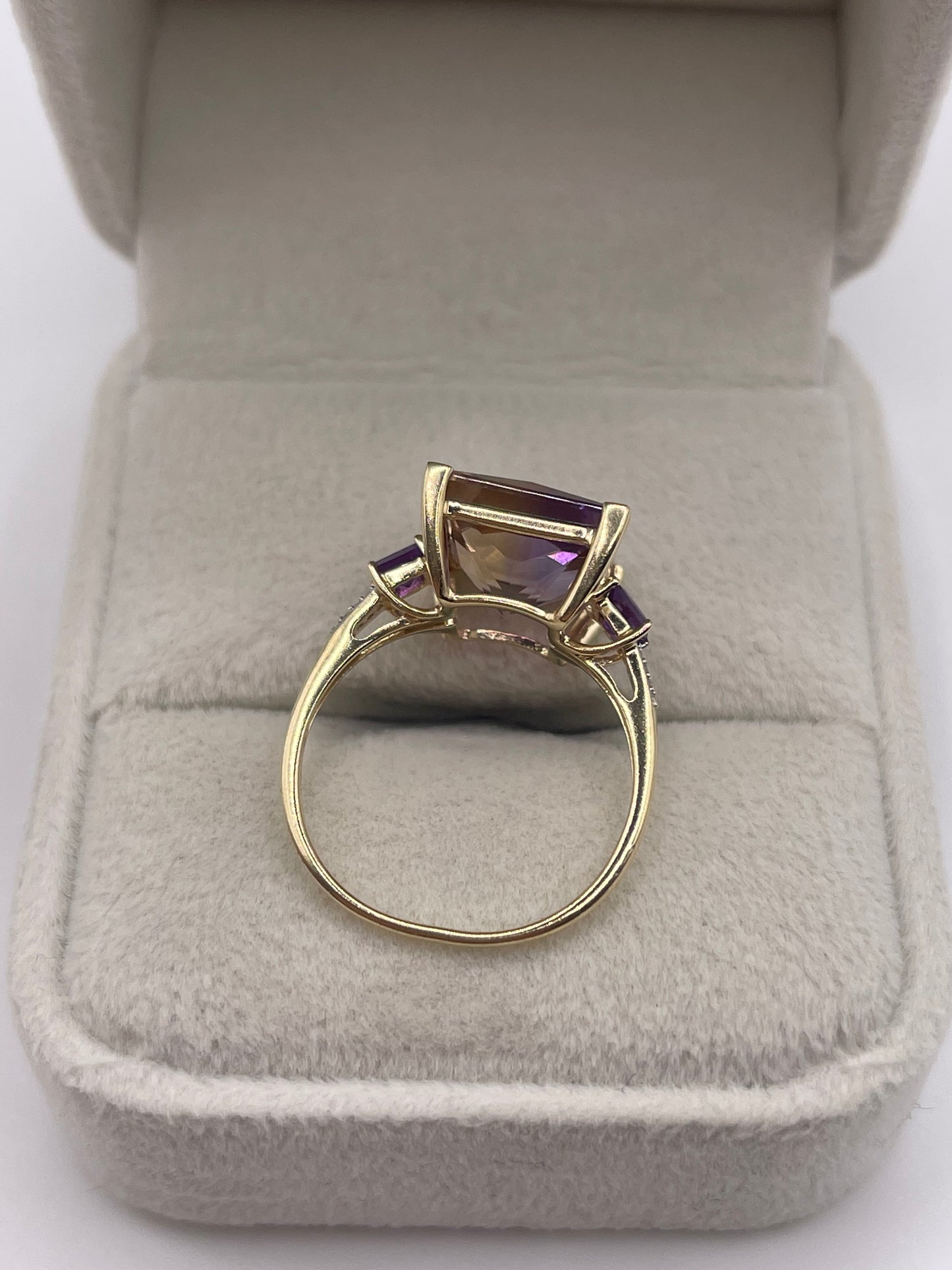 9ct gold ametrine, amethyst and diamond ring