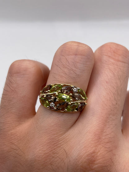 9ct gold Smokey quartz, peridot and diamond ring