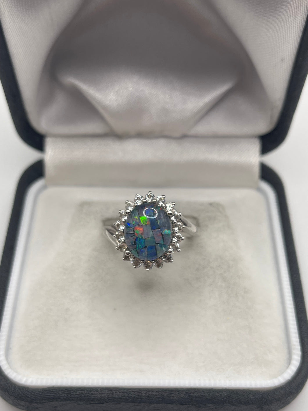 Silver black opal and zircon ring