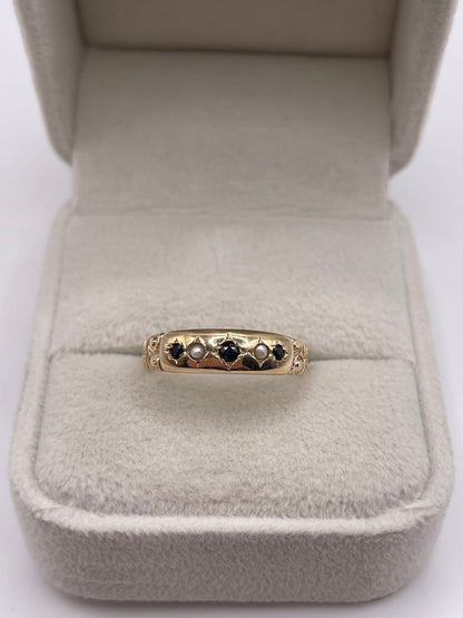9ct gold sapphire and pearl gypsy ring
