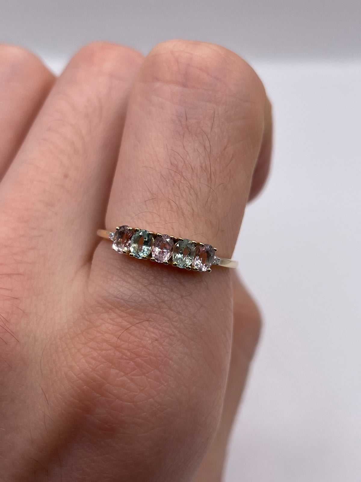 9ct gold kunzite, aquamarine and diamond ring