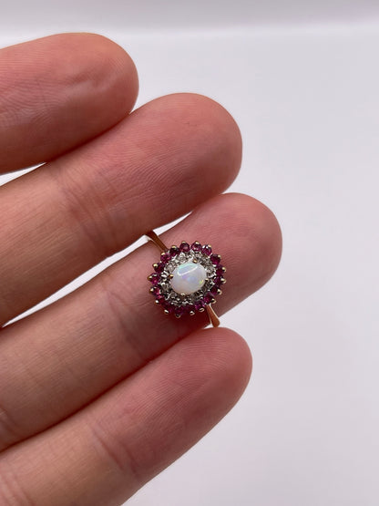 9ct gold opal, ruby and diamond ring