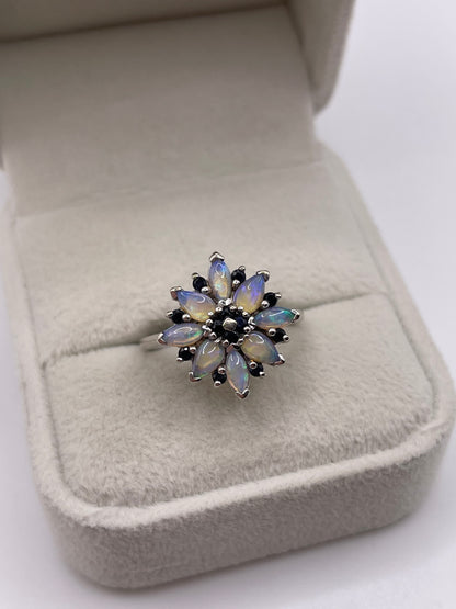 9ct white gold opal and sapphire cluster ring
