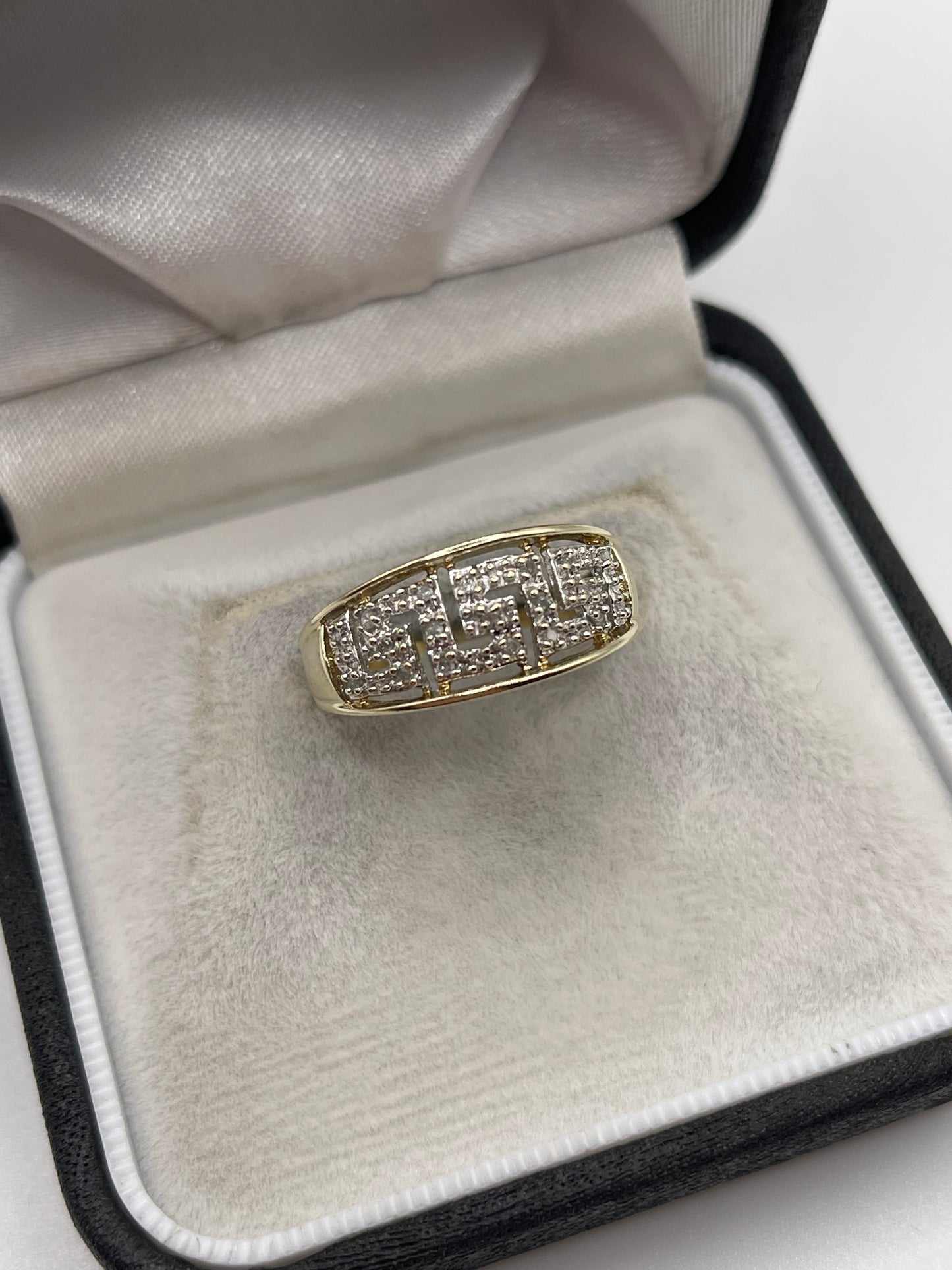 9ct gold diamond Greek key ring