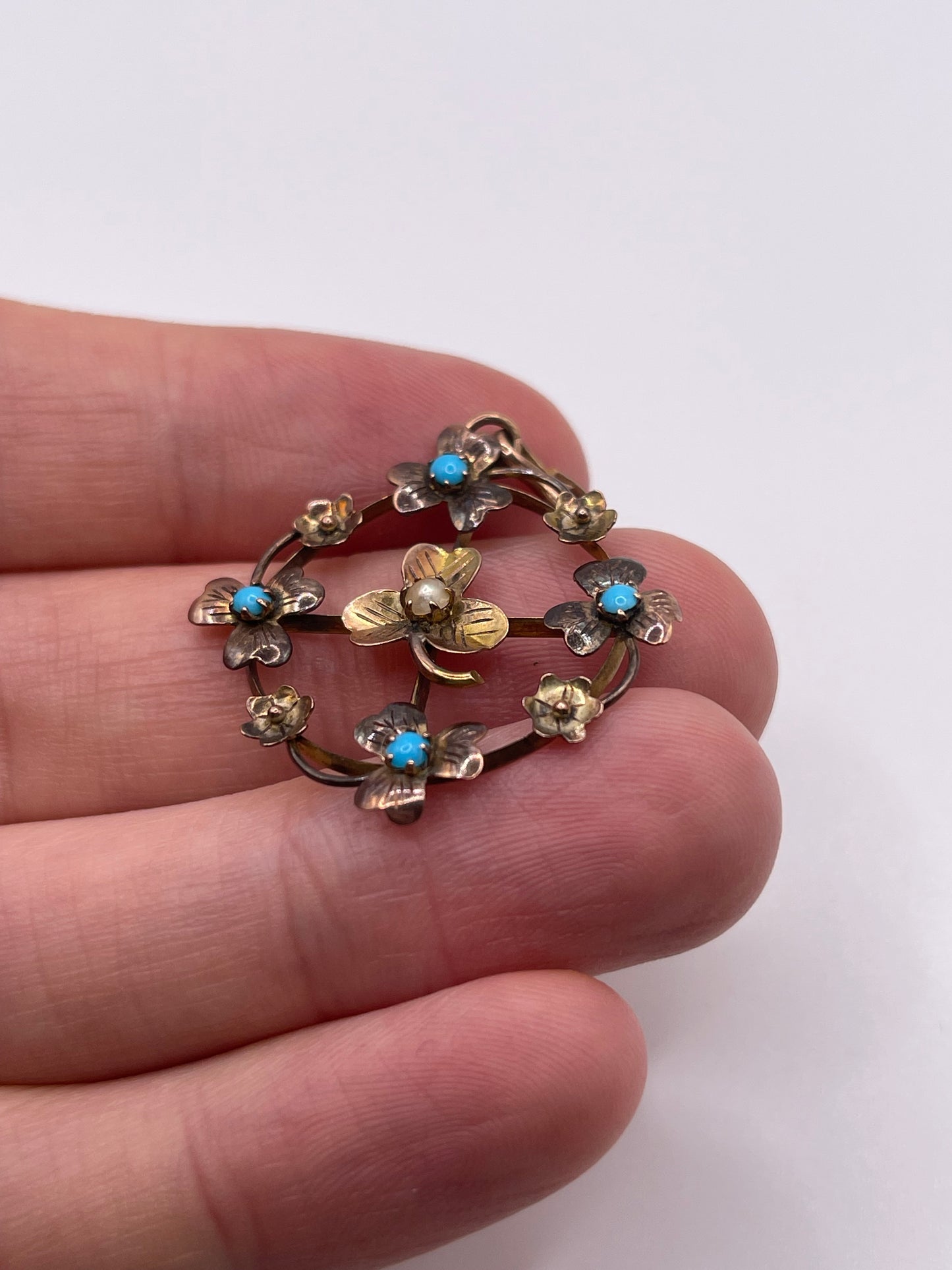 Antique 9ct gold turquoise and pearl pendant