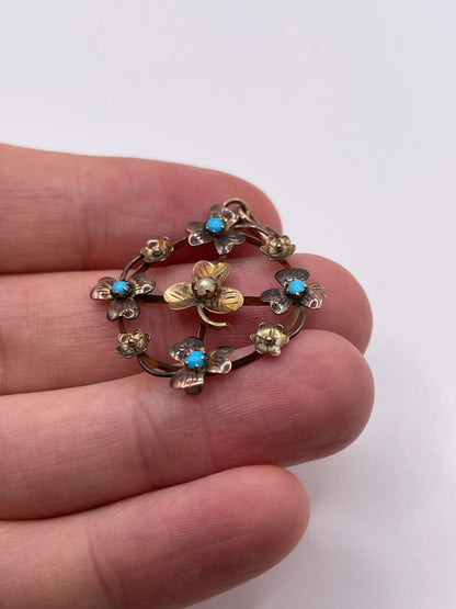 Antique 9ct gold turquoise and pearl pendant