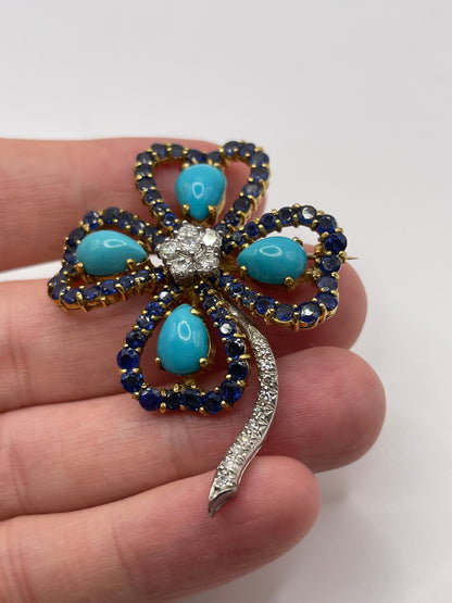 18ct gold turquoise, sapphire and diamond clover brooch