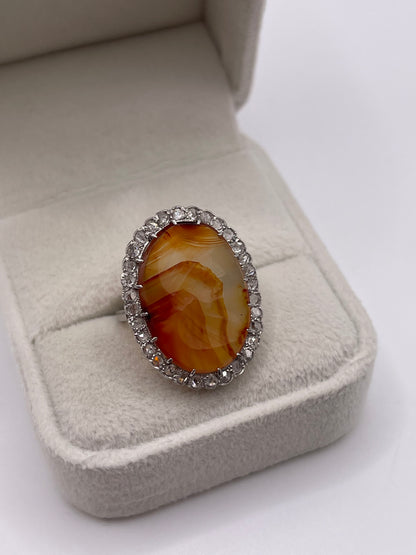 Platinum carved agate and diamond ring