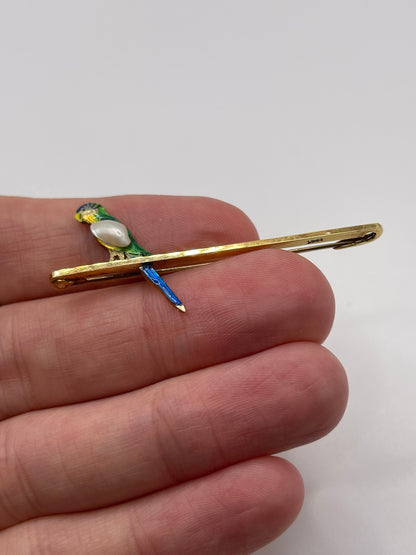 Antique 15ct gold pearl and enamel parrot brooch