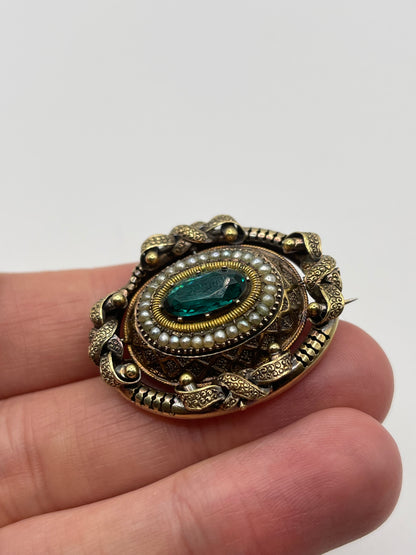 Antique 15ct gold emerald paste and pearl brooch
