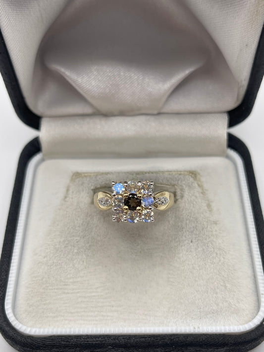 9ct gold Smokey quartz and rainbow moonstone ring