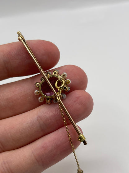 Antique 9ct gold amethyst, pearl and diamond brooch