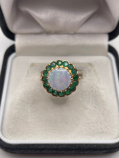 14ct rose gold black opal and emerald ring