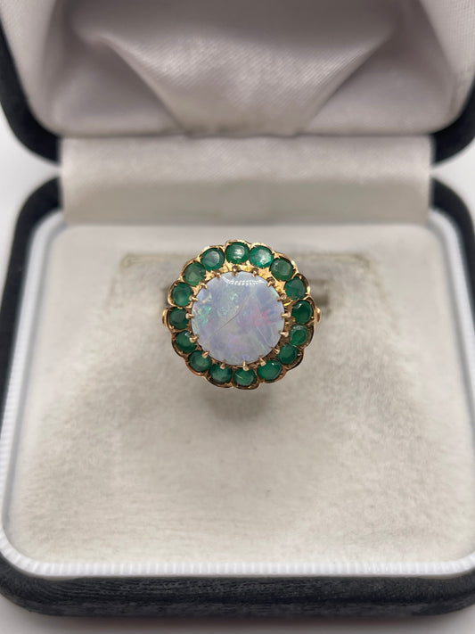 14ct rose gold black opal and emerald ring