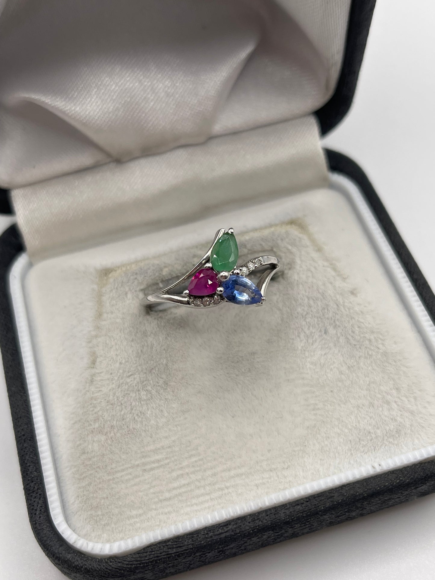 9ct white gold sapphire, emerald, ruby and diamond ring