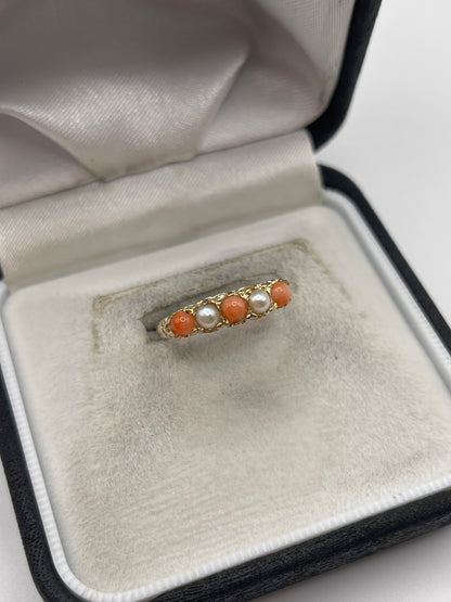 9ct gold coral and pearl ring