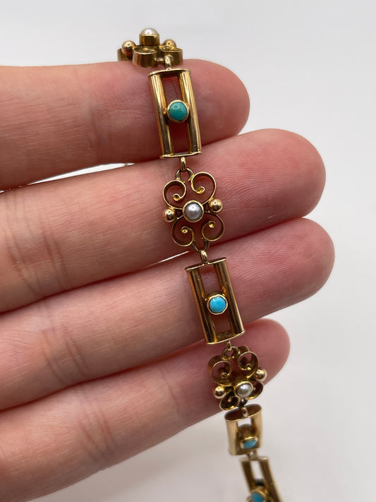 Antique 15ct rose gold turquoise and pearl bracelet