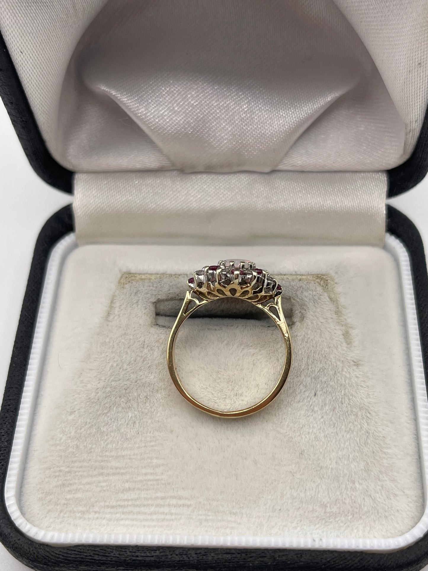 9ct gold opal, ruby and diamond ring