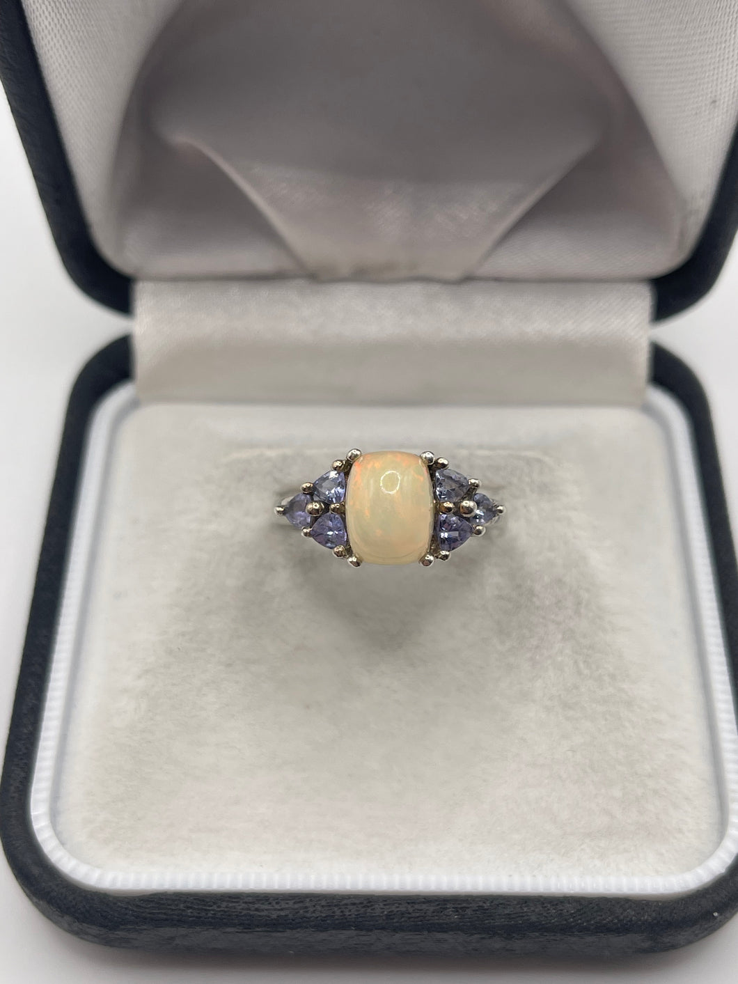 Silver opal and tanzanite ring