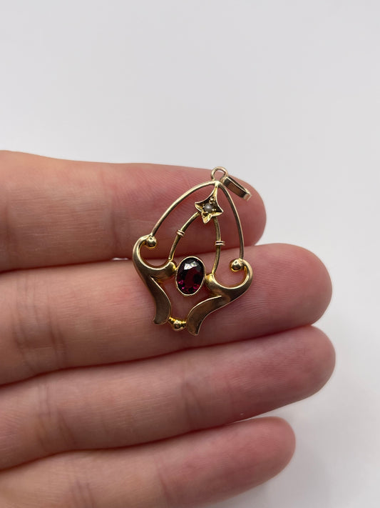 Antique 9ct rose gold garnet and pearl pendant