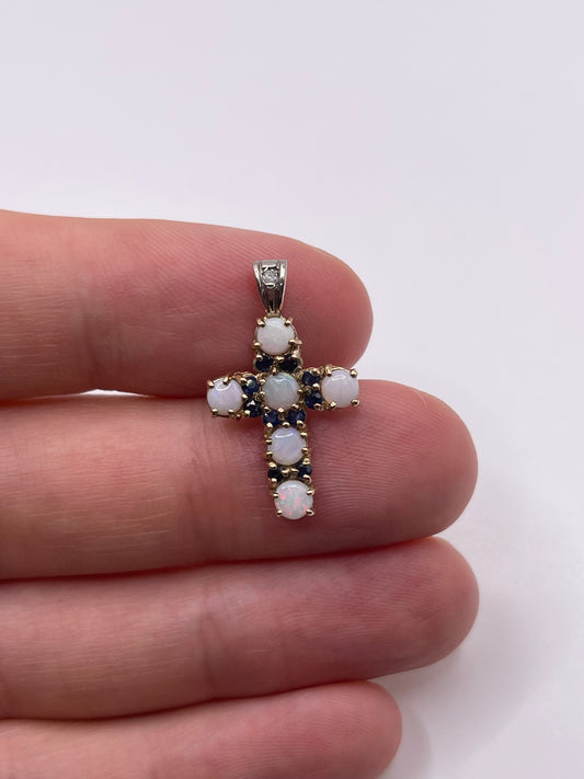 9ct gold opal and sapphire cross pendant