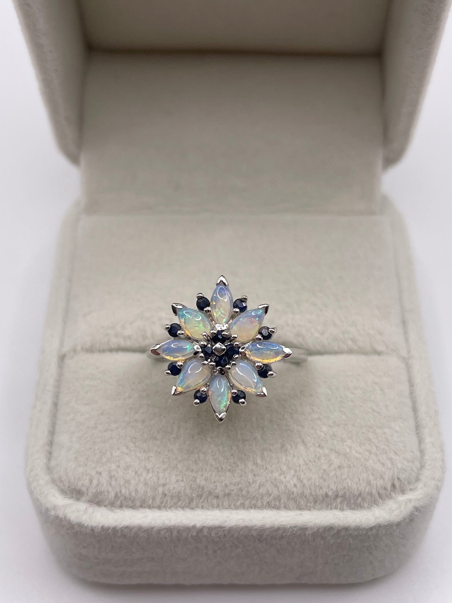 9ct white gold opal and sapphire cluster ring