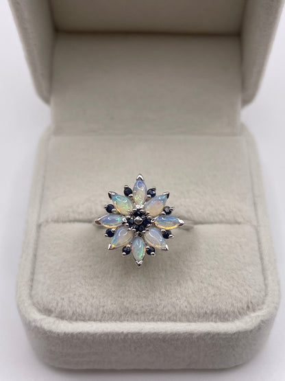 9ct white gold opal and sapphire cluster ring