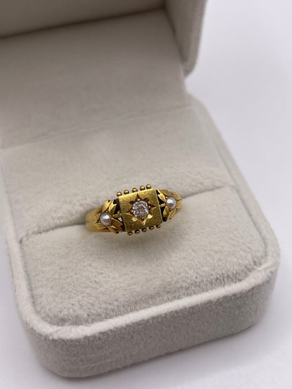 Antique 18ct gold pearl and diamond gypsy ring