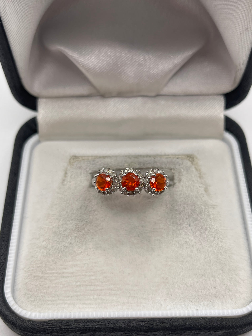 9ct white gold fire opal and diamond ring