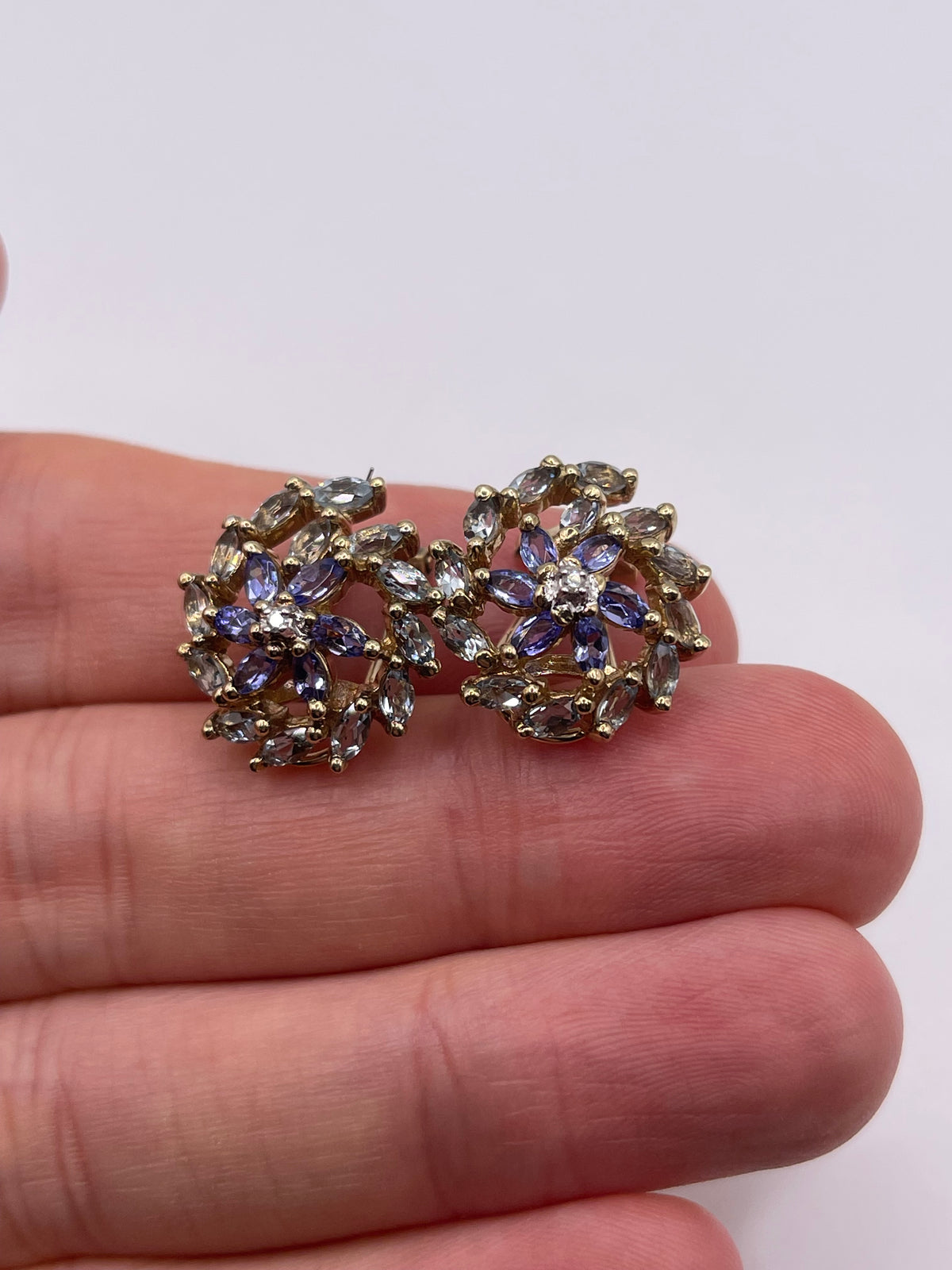 9ct gold tanzanite, aquamarine and diamond earrings