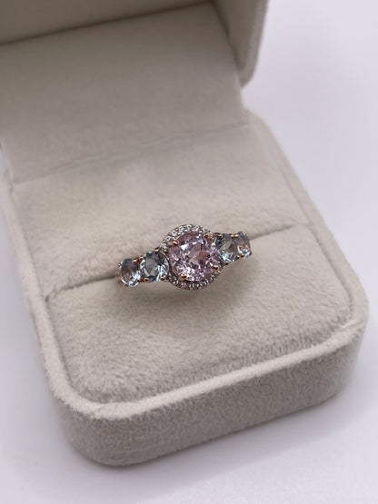 9ct rose gold kunzite, aquamarine and zircon ring