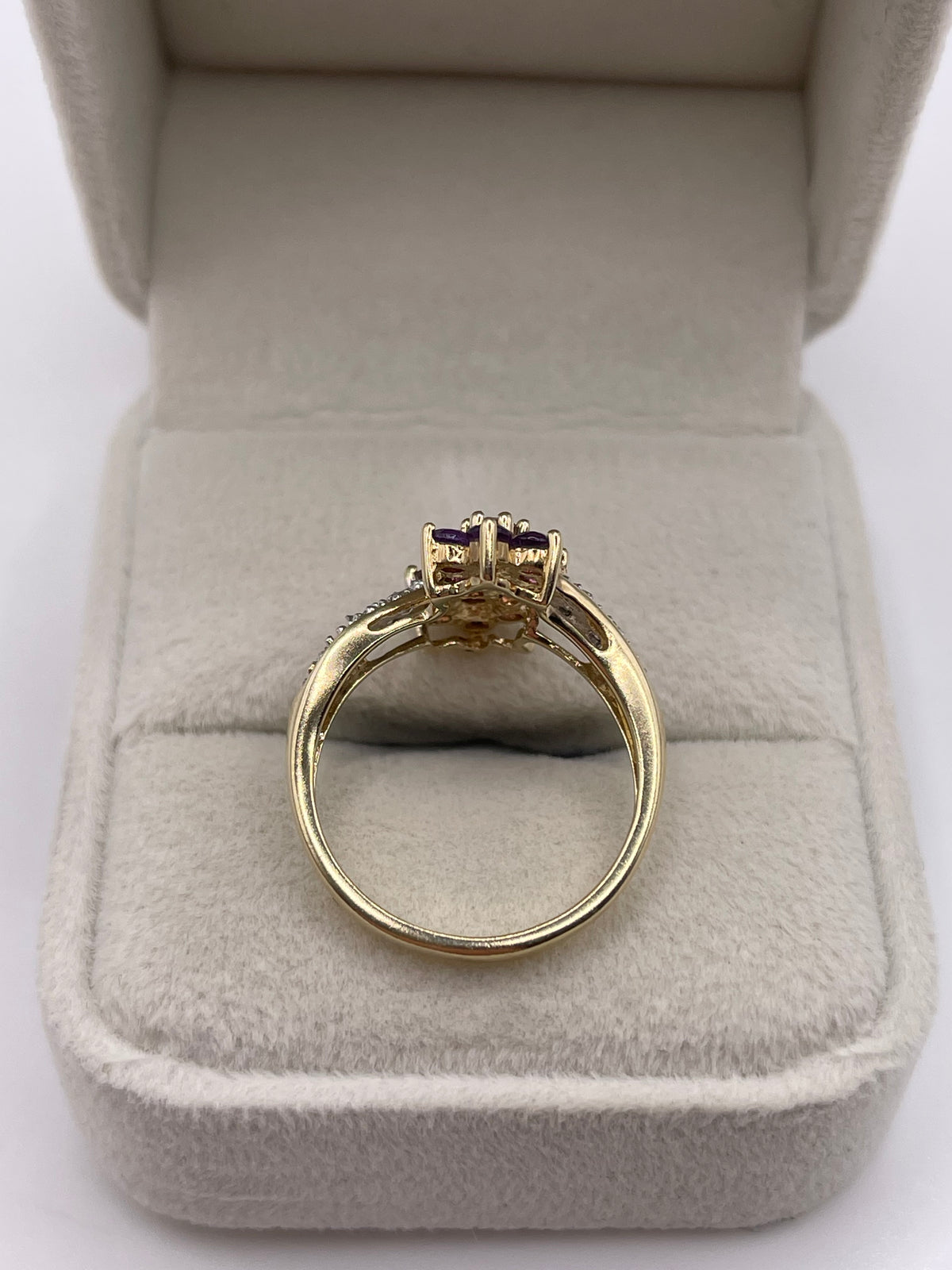 9ct gold amethyst, pink topaz and diamond ring