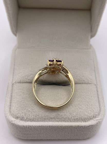 9ct gold amethyst, pink topaz and diamond ring