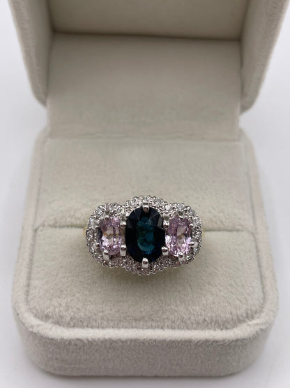 18ct gold sapphire, kunzite and diamond ring
