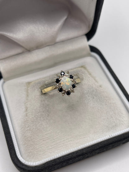 18ct gold opal, sapphire and diamond ring