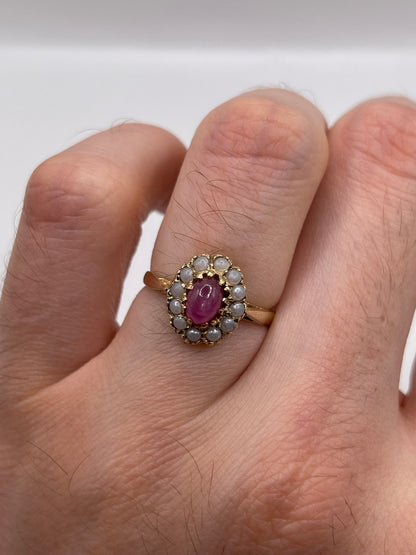 9ct gold cabochon ruby and pearl ring