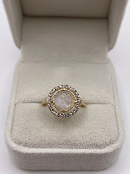 9ct gold moonstone man in the moon and diamond ring
