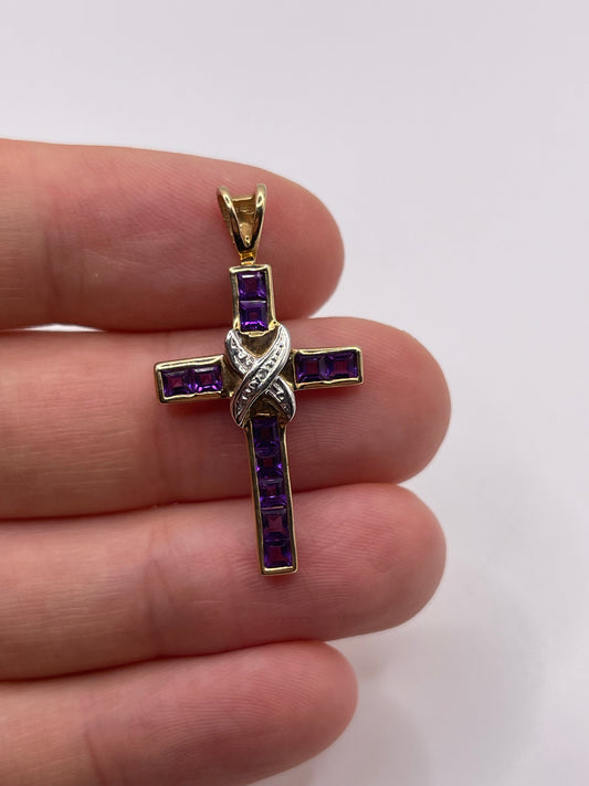 9ct gold amethyst and diamond cross pendant