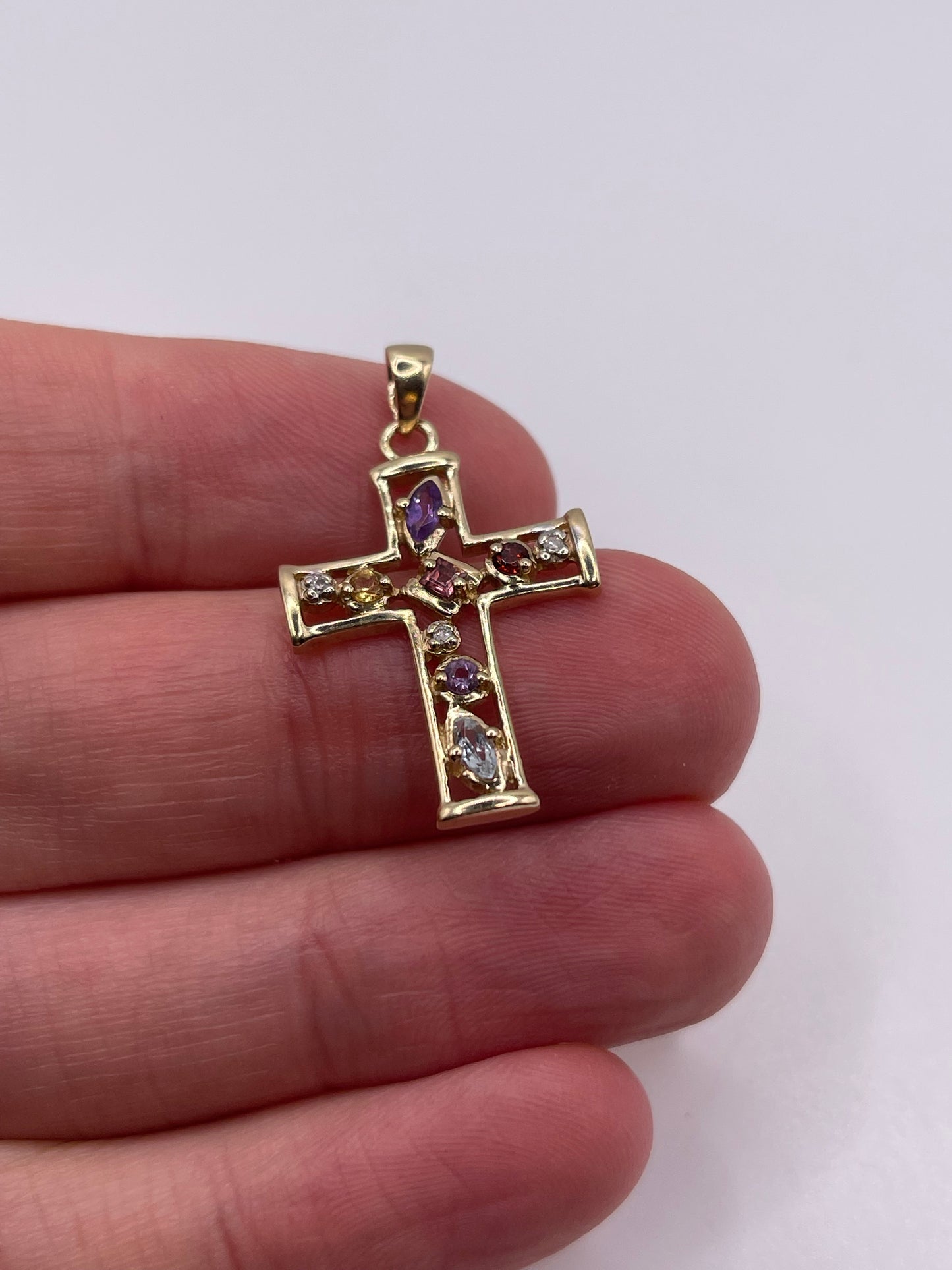 9ct gold multi gemstone and diamond cross pendant