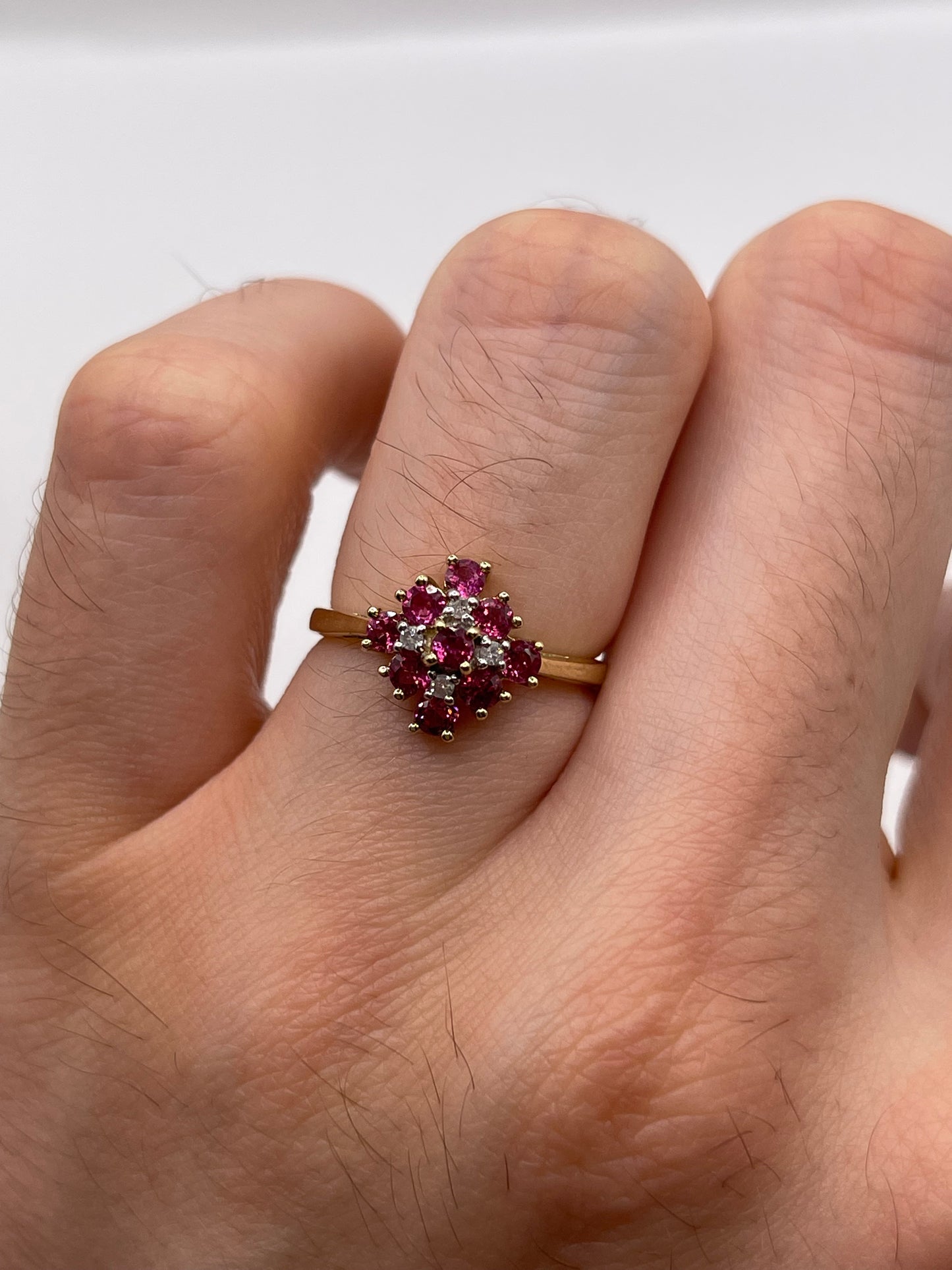 9ct gold ruby and diamond cluster ring