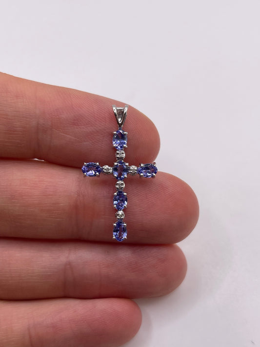 9ct white gold tanzanite and diamond cross pendant