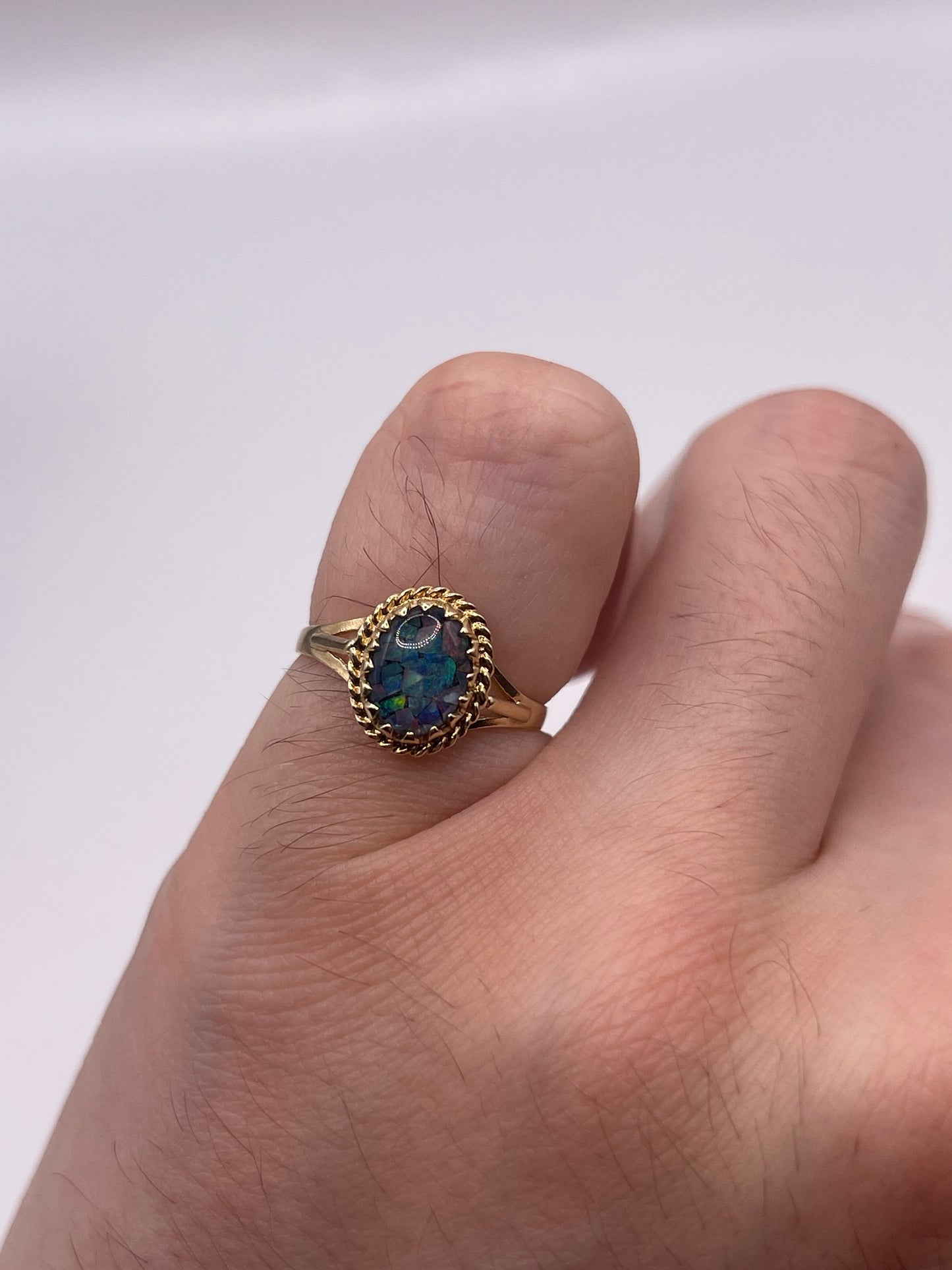 9ct gold black opal mosaic ring
