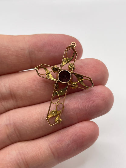 Antique 9ct gold amethyst and pearl cross pendant
