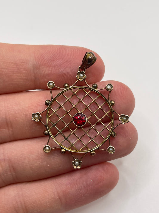 Antique 9ct gold garnet and pearl pendant