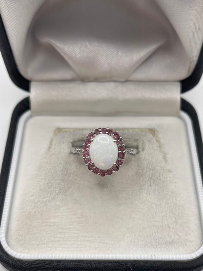 9ct white gold opal, pink sapphire and diamond ring
