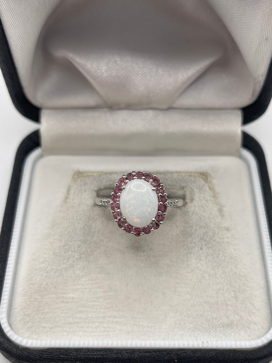 9ct white gold opal, pink sapphire and diamond ring