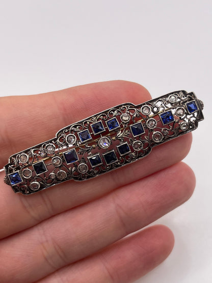 9ct gold synthetic sapphire and diamond brooch
