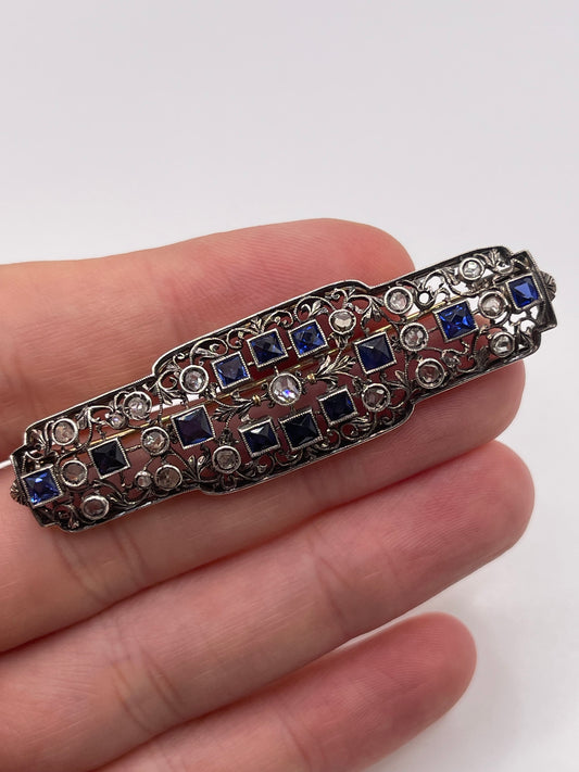 9ct gold synthetic sapphire and diamond brooch
