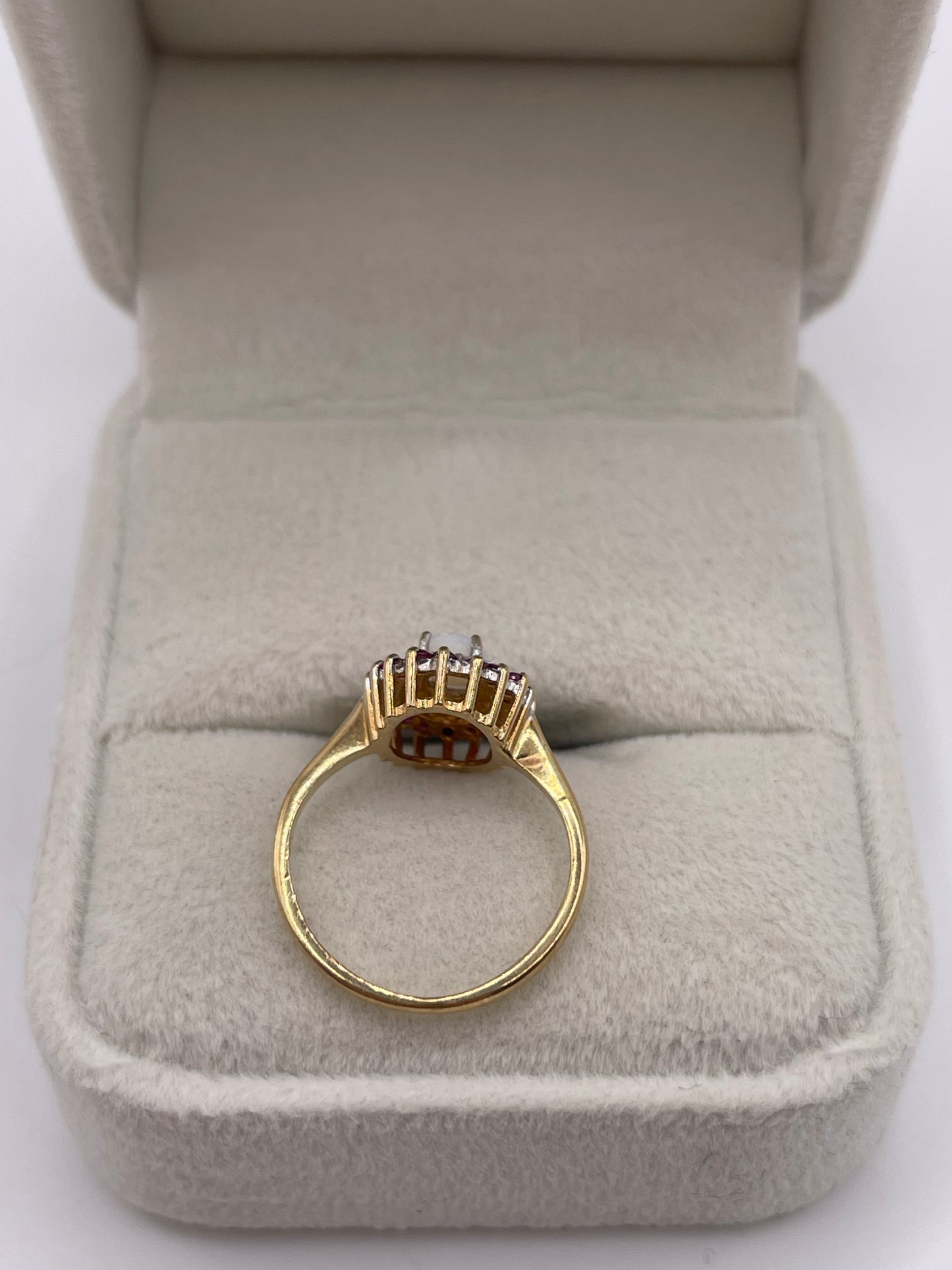 9ct gold opal, ruby and diamond ring