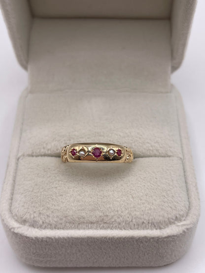 9ct gold ruby and pearl gypsy ring